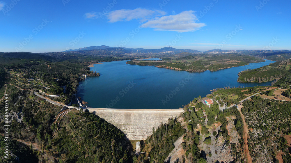 Aerial drone photo of famous lake and dam of Marathon or Marathonas, North Attica, Greece