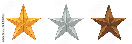 Vector Set of Cartoon Metal Stars - Gold, Silver and Bronze.