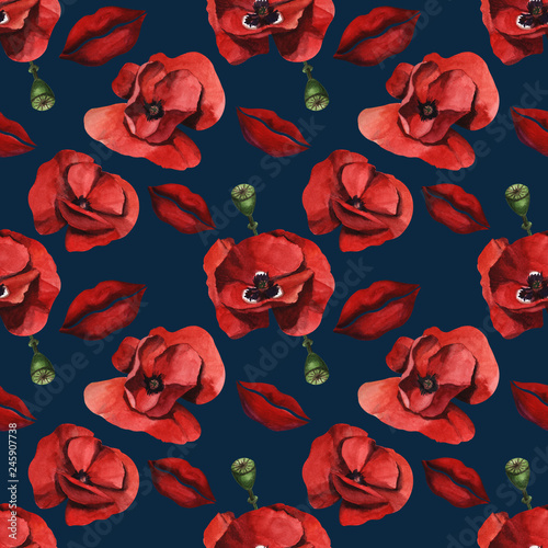 Watercolor seamless pattern with wild red poppies