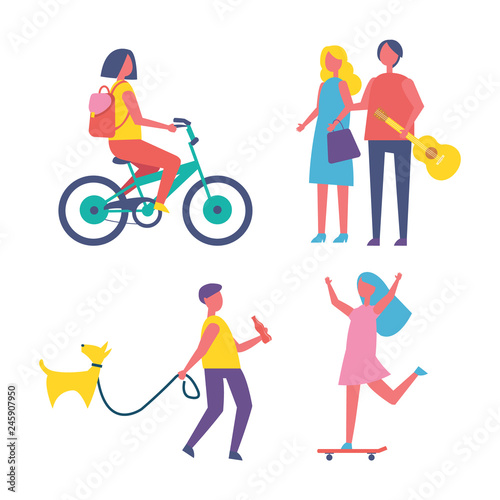 People resting in park cartoon isolated vector banner. Girl with backpack riding bike, guy with bottle of cola walk dog on leash, teen on skateboard