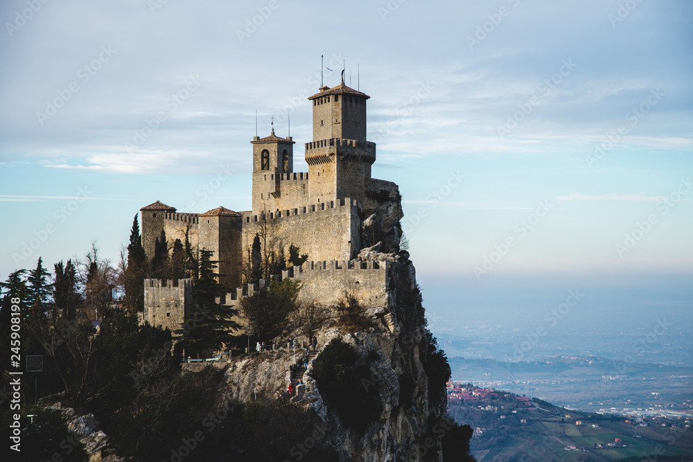 panoramic view of ancient medieval San Marino fortress on a winter cloudy day