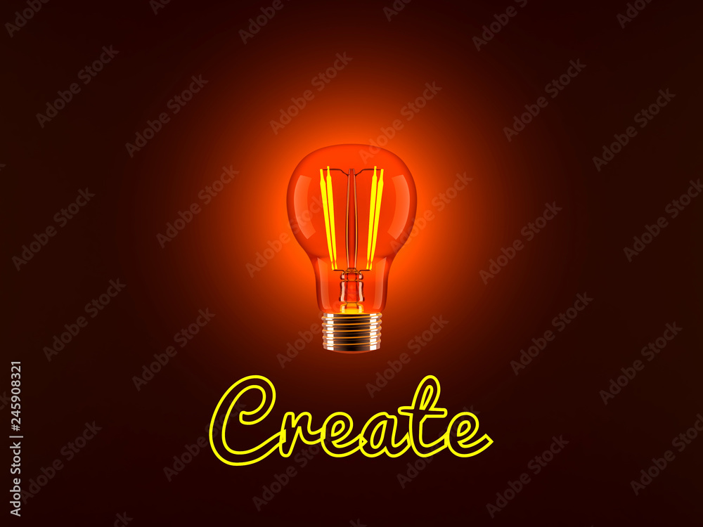 Conceptual 3D rendered illustration of a shining light bulb and the neon lit word Create.
Conceptual 3D rendered illustration of a shining light bulb and the neon lit word Create.