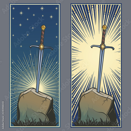 Excalibur Sword trapped in stone. Decorative banner. Iconic scene from the Medieval European stories about King Arthur. Vintage color palette. Set of 2 vertical posters. EPS10 vector illustration
