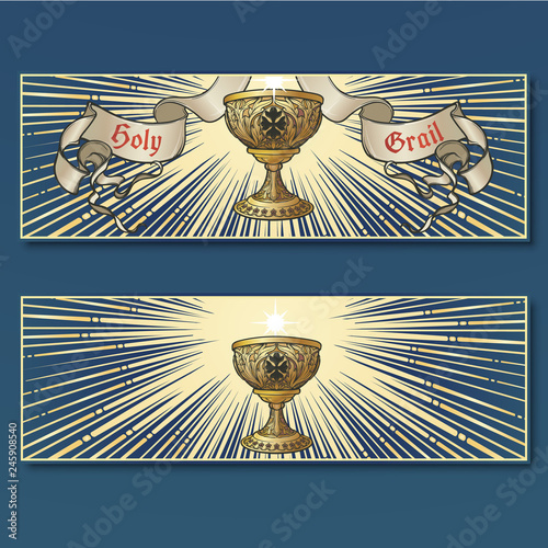 Holy Grail. Symbol of spiritual insight in the romantic literature. Medieval gothic style concept art . Vintage color palette. Set of 2 horizontal posters . EPS10 vector illustration