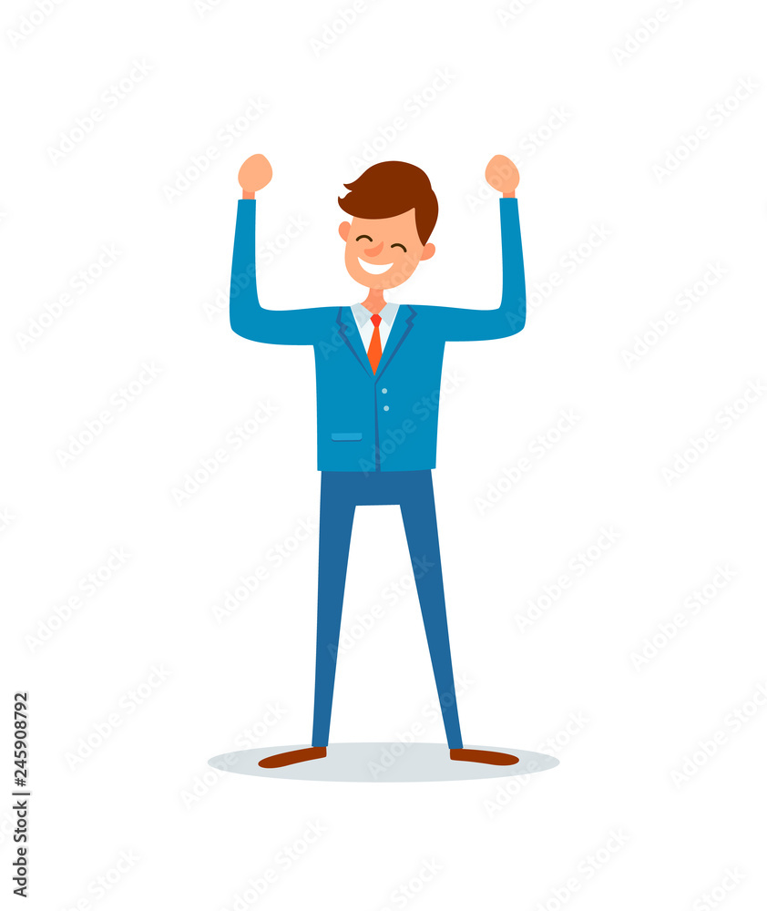 Man happy because of success, successful boss, flat style vector. Chief executive ceo worker having good mood. Enterpreneur with broad smile on face Man happy because of success, successful boss, flat style vector. Chief executive ceo worker having good mood. Enterpreneur with broad smile on face
