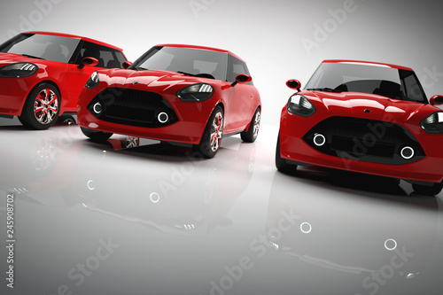 Fleet of red small city cars on light background.