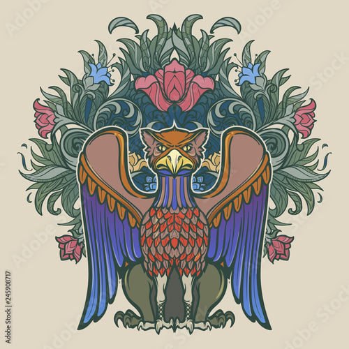Decorative griffin. Medieval gothic style concept art. Design element. Hand drawn image isolated on decorative floral background. EPS10 vector illustration