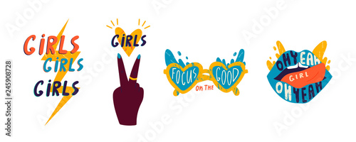 Set of girlish pictures. Vector hand drawn isolated illustrations for t-shirts, postcards, posters, prints. Every element is isolated