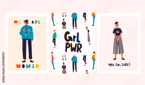 Stylish women dressed in trendy clothes. Girl power concept. Set of three hand drawn colored vector illustrations. Every illustration is isolated