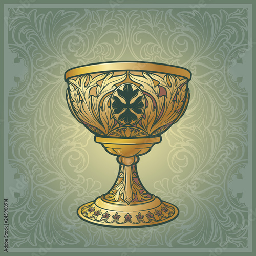 Holy Grail. Symbol of spiritual insight in the romantic literature. Medieval gothic style concept art . Vintage color palette. Isolated on a Decorative floral background. EPS10 vector illustration