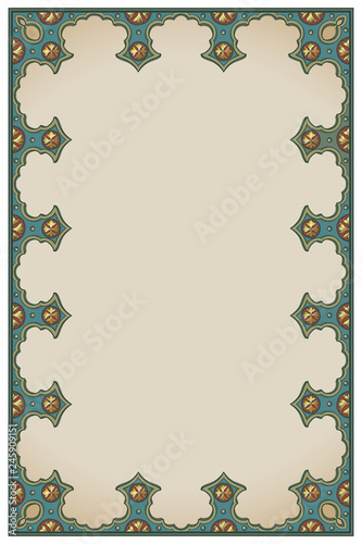 Medieval manuscript style rectangular frame. Vertical orientation. Vintage color palette. Hand drawn image isolated on monochrome background. EPS10 vector illustration