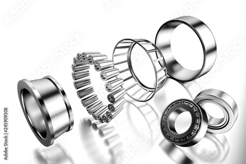 3D rendering. Automotive bearings auto spare parts. Tapered roller bearing isolated on a white background. Wheel bearing for truck, heavy duty and car.