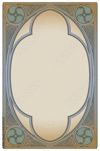 Medieval manuscript style rectangular frame. Gothic style pointed arch. Vertical orientation. Vintage color palette. Hand drawn image isolated on monochrome background. EPS10 vector illustration