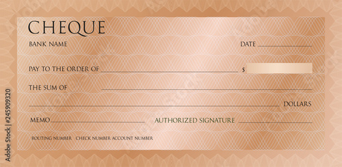 Luxury pink gold cheque template with vintage guilloche. Bronze Check, checkbook template pattern with watermark. Copper background for banknote design, gift certificate, voucher, coupon, ticket