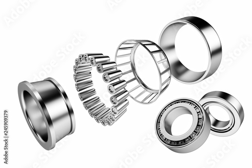 3D rendering. Automotive bearings auto spare parts. Tapered roller bearing isolated on a white background. Wheel bearing for truck, heavy duty and car.