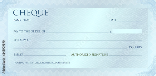 Luxury silvet cheque template with vintage guilloche. Check with abstract watermark, border. Metallic background for banknote, money design, bank note, voucher, gift certificate, coupon, currency photo