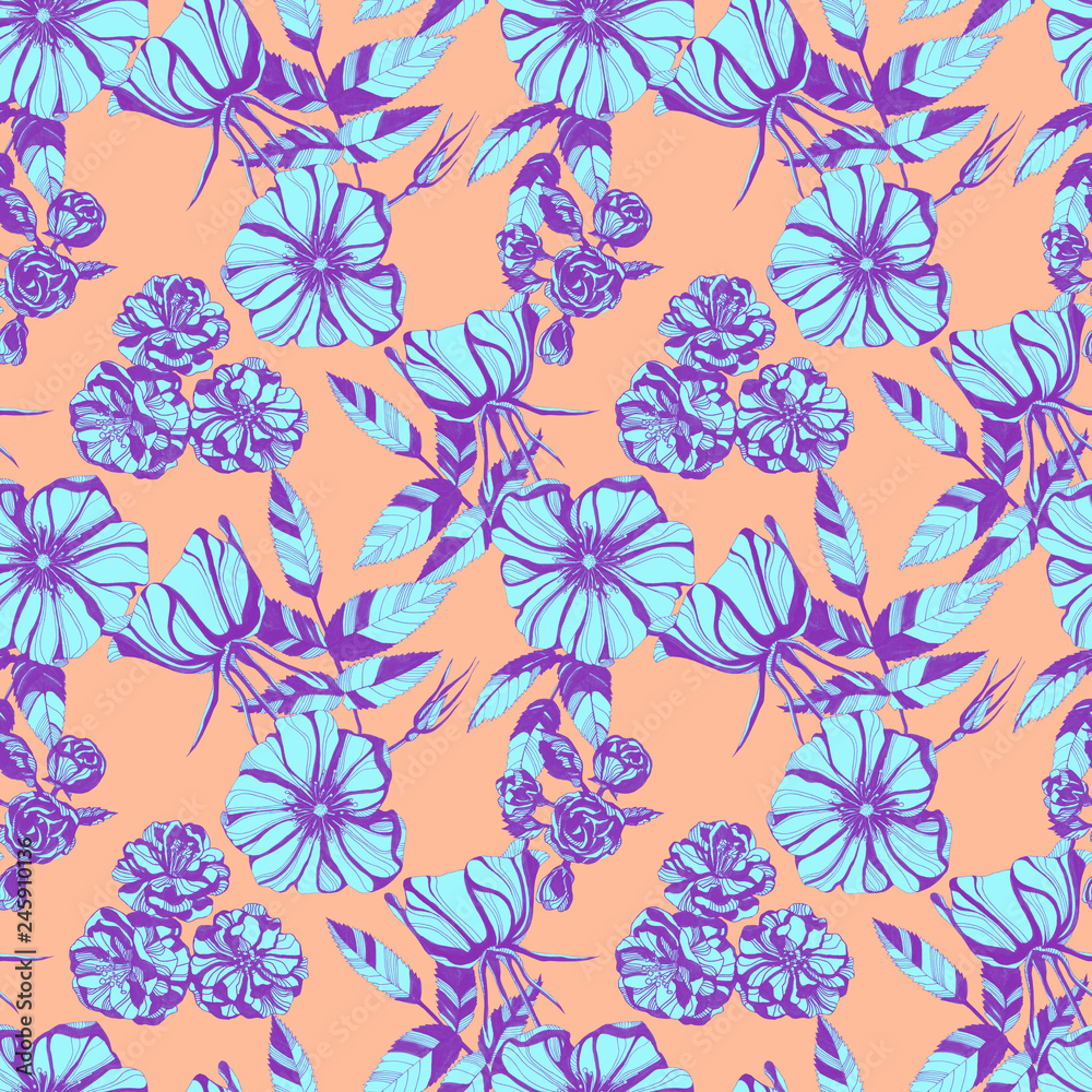 Obraz premium wild roses seamless pattern. Hand drawn ink illustration. Wallpaper or fabric design.