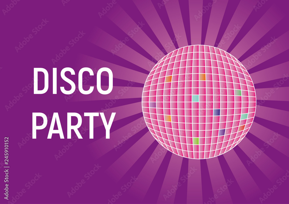 Disco party purple bright background. Disco ball flyer with rays or poster design promo. Disco party purple bright background. Disco ball flyer with rays or poster design promo.