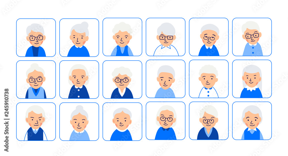 Avatars elderly women. Illustrations of heads of pensioner in rounded squares. Female faces. Illustration of women characters isolated on white background in flat style Avatars elderly women. Illustrations of heads of pensioner in rounded squares. Female faces. Illustration of women characters isolated on white background in flat style