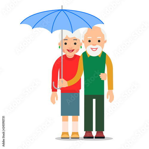 Old couple under umbrella. An elderly man stands and holds an umbrella over an elderly woman. Illustration of people characters isolated on white background in flat style