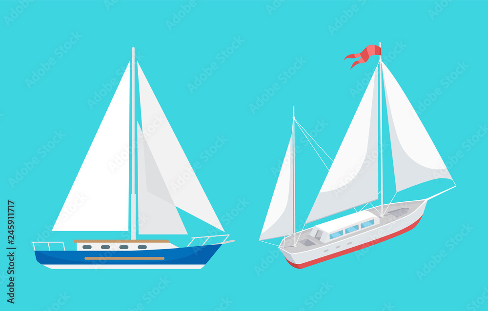 Water transport sailing boat with ribbon on top set vector. Ships for transportations and rides for pleasure. Floating vessels for people to travel