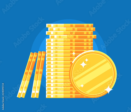 Lying coins, gold coins stack.