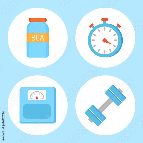 BCAA vitamin and timer set isolated icons. Weight device measuring kilo, dumbbells for muscles growth. Sport equipments for training, exercices vector