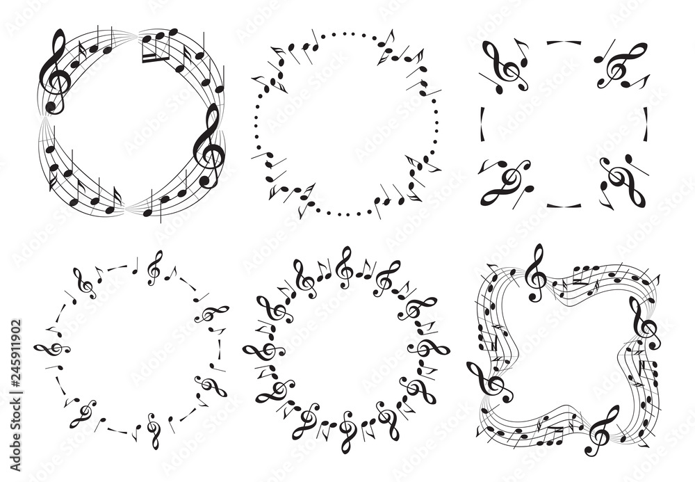 Naklejka premium round and wavy music frames with notes - beautiful vector set