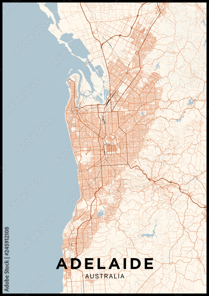 Adelaide (Australia) city map. Poster with map of Adelaide in color. Scheme of streets and roads