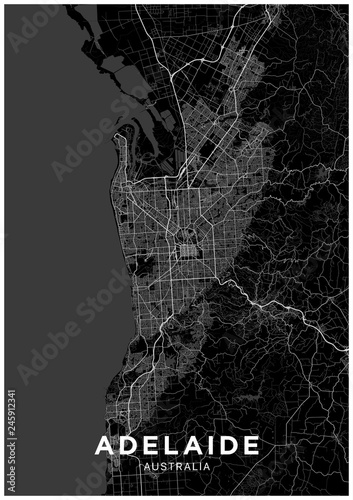 Adelaide (Australia) city map. Black and white poster with map of Adelaide. Scheme of streets and roads of Adelaide.