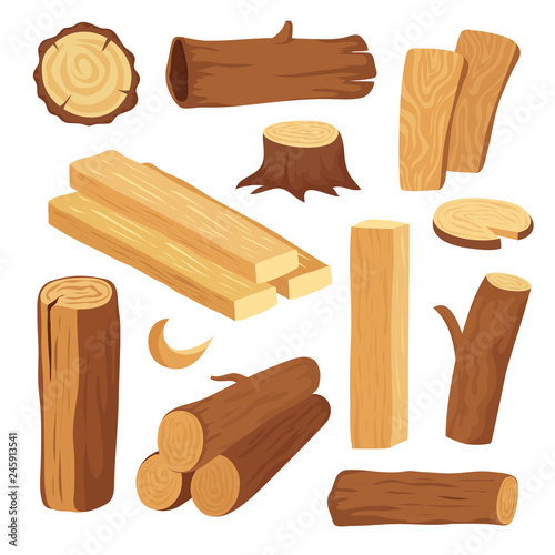 Cartoon timber. Wood log and trunk, stump and plank. Wooden firewood logs. Hardwoods construction materials vector isolated set. Illustration of firewood and timber natural