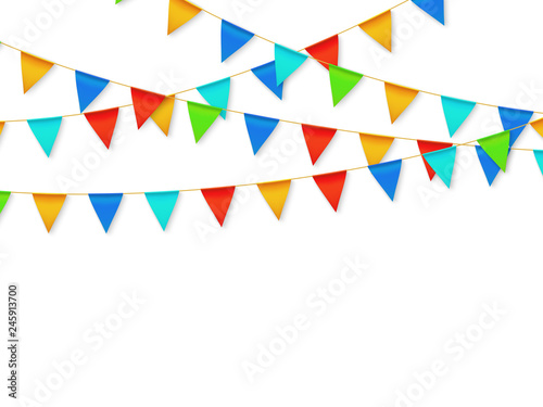Pennant flag garland. Birthday party fiesta carnival decoration. Garlands with color flags 3d vector illustration. Carnival decoration hanging on rope, celebration banner with place