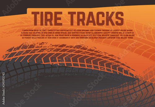 Tire tread tracks background. Grunge racing tire road marks. Abstract motorcycle rally vector poster. Illustration of tire track, trace dirty imprint grunge