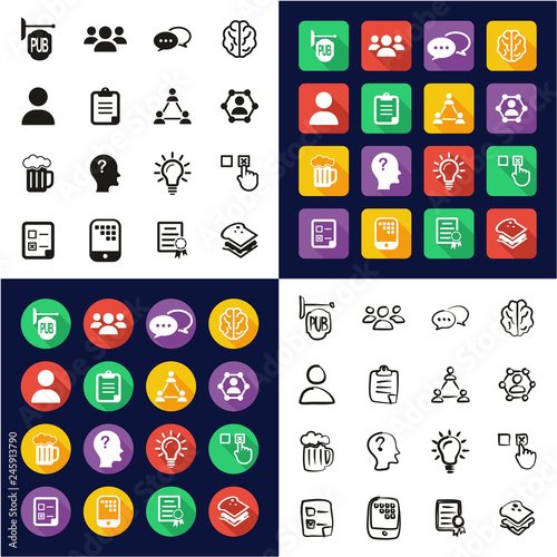 Pub Quiz or Bar Quiz Icons All in One Icons Black & White Color Flat Design Freehand Set