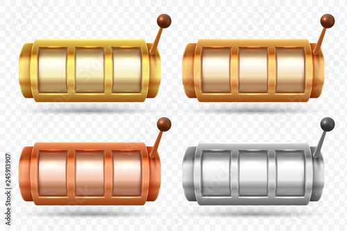 Slot machines. Golden, silver and bronze jackpot spinning machine. Casino game gamble vector set. Illustration of gambling game, spin gaming device