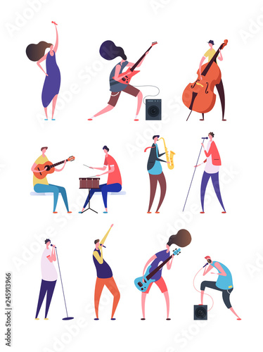 People playing music. Musicians performing rock music singers with microphone guitarist and drummer. Music band flat vector characters. Illustration of band guitarist and singer with microphone