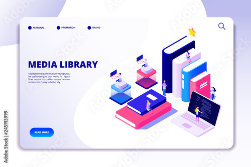 Online library landing page. Students in bibliotheque, academic books. Ebook reading technology education vector isometric concept. Media education library isometric illustration
