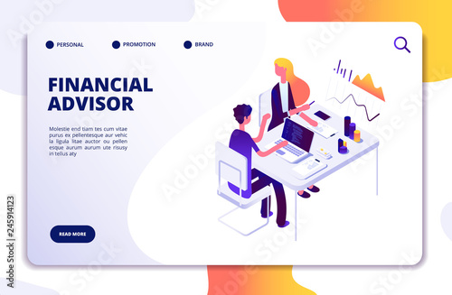 Financial advisor isometric concept. Business data analysis with professional team. Money investment management vector landing page. Illustration of business financial report, consultant finance