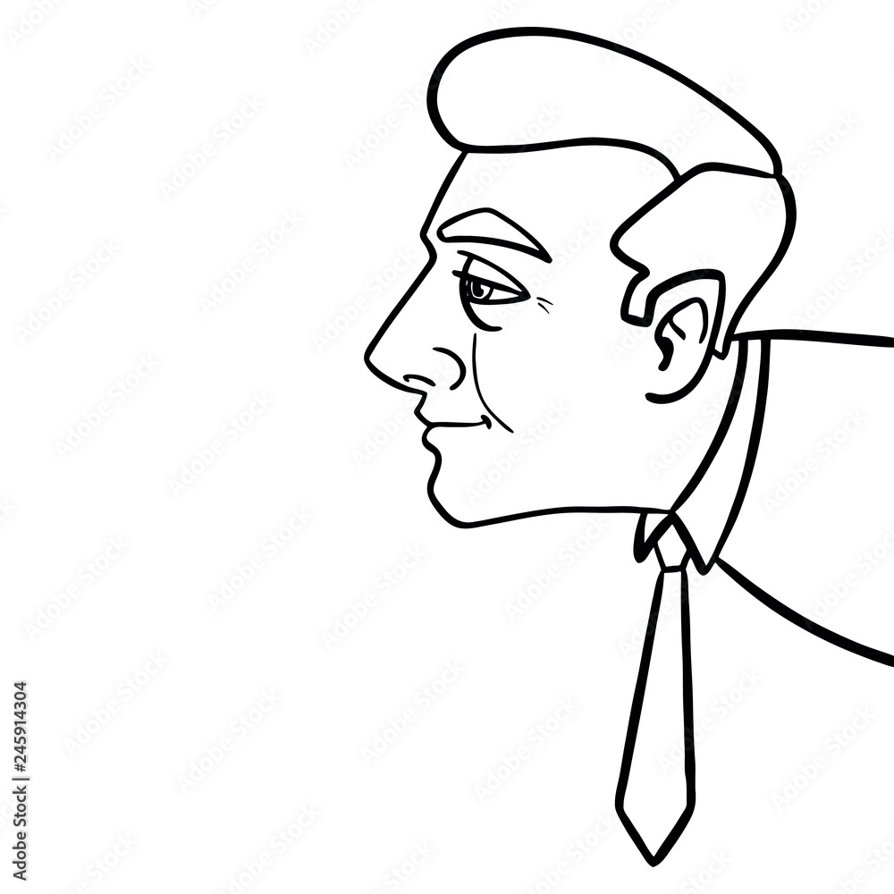Hand-drawn business man with tie looking on something from the side of the picture. cartoon character in cartoon style. black white vector graphic. Hand-drawn business man with tie looking on something from the side of the picture. cartoon character in cartoon style. black white vector graphic.