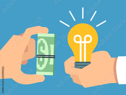 Selling ideas for money, creative thinking and money flat vector illustration. Business idea sell, light bulb project