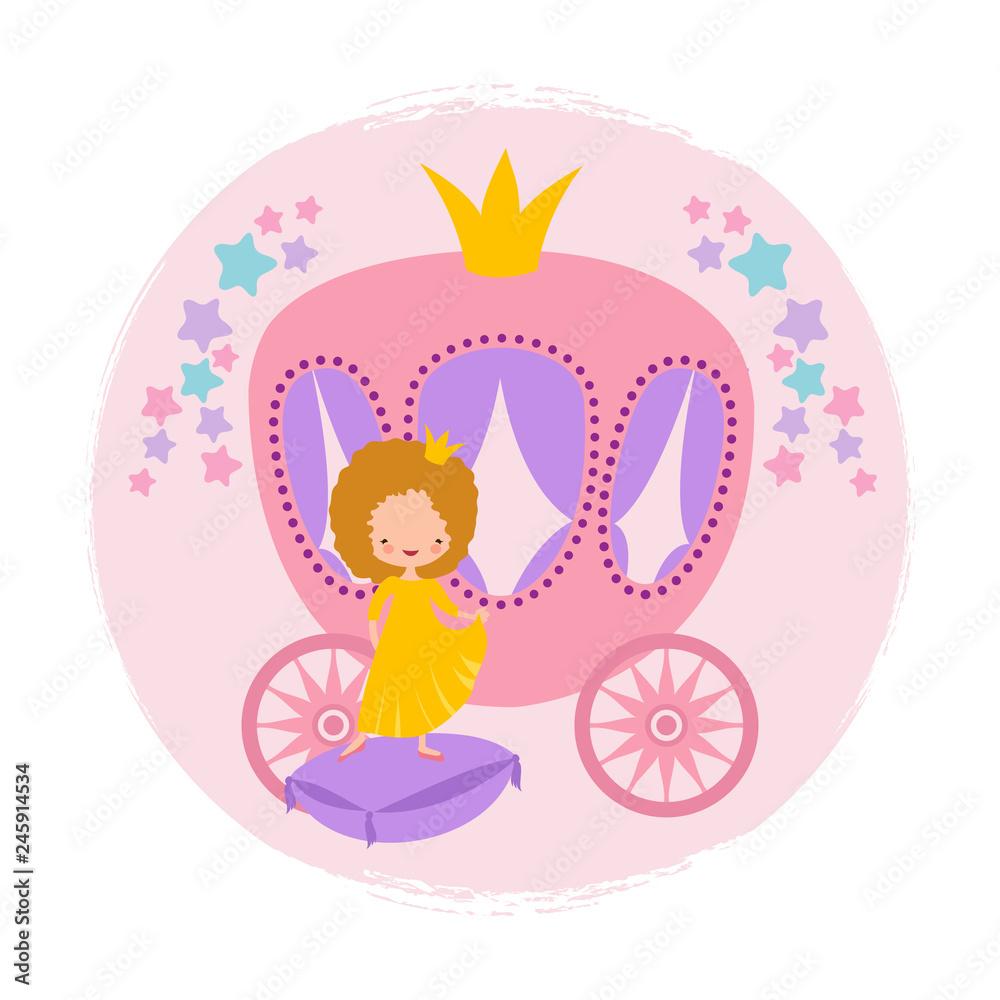 Cartoon character cute little princess and coach card vector template. Illustration of princess girl in pretty dress costume Cartoon character cute little princess and coach card vector template. Illustration of princess girl in pretty dress costume