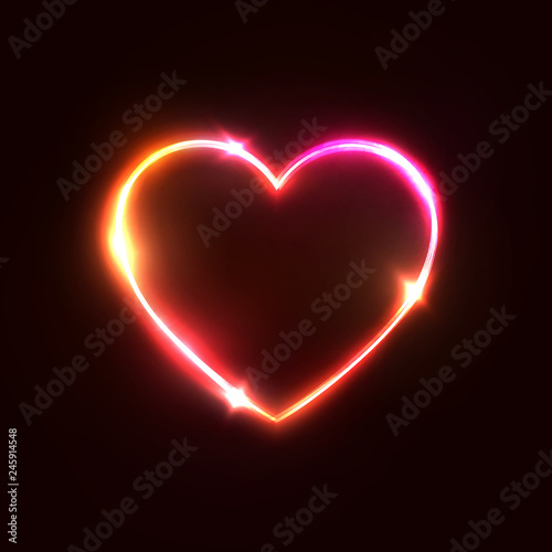 Heart background. Halogen or led light neon sign on dark red. 3d geometric heart shaped frame. Glamour love backdrop. Element design for Valentines Day card  flyer  banner. Bright vector illustration.