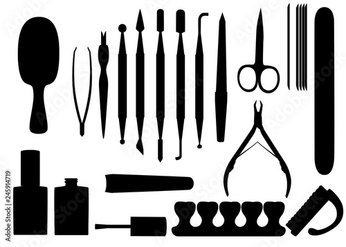 Black silhouette. Manicure tools vector set. Black icon collection. Tools for beauty salon or for cosmetics bag, Flat vector illustration isolated on white background