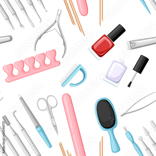 Seamless pattern. Manicure tools vector set. Colorful icon collection. Tools for beauty salon or for cosmetics bag, Flat vector illustration on white background