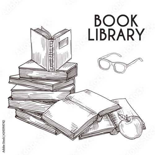 Sketch books and glasses isolated on white background. Stack of books vector concept. Illustration of book literature doodle, reading and learning textbook