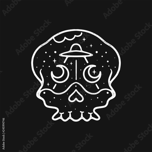 Skull Head line art. Space ship UFO and moon with stars. Vector illustration in vintage style.