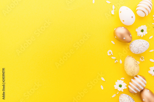 Easter Flat Lay of Eggs on yellow