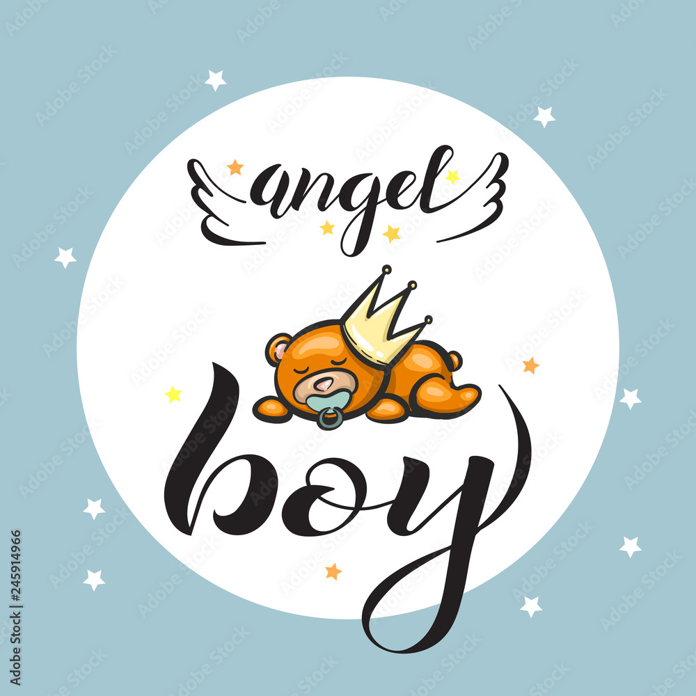 Fototapeta premium Angel Boy Lettering With Baby Bear Illustration.