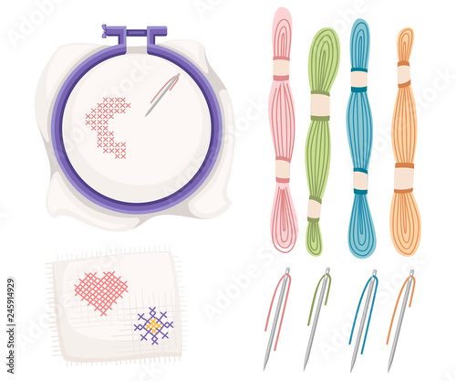 Embroidery hoop for cross-stitch sewing. Purple plastic hoop, stainless steel needle with colored threads. Handkerchief with heart and sun icon. Flat vector illustration isolated on white background