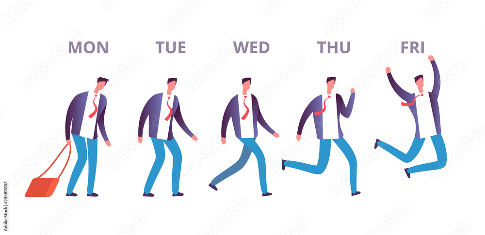 Man friday concept. Funny businessman feeling happy going through week days to weekend. Happy friday vector concept. Friday jump day, happy man illutration